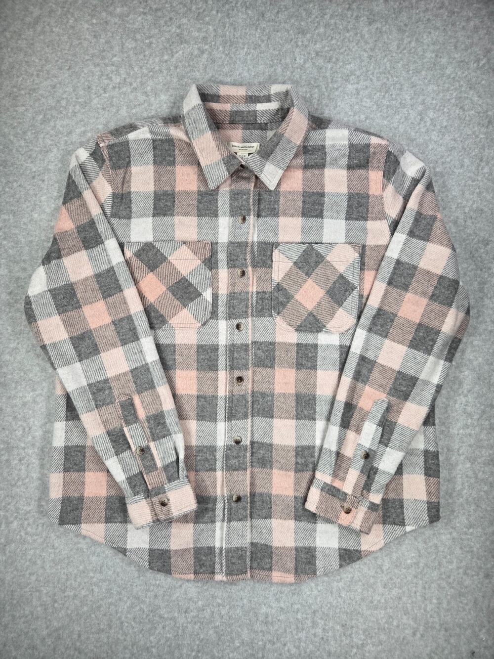 Beachlunchlounge Sally Plaid Flannel Shacket Top L Large Pink Grey layering fall